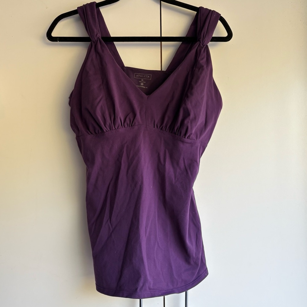 Athleta Vibrant Purple/Plum V-Neck Athletic Tank with Gathered Bust, Size XL